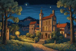 museum quality color woodcut landscape of a fanciful medieval Italian tower house with highly detailed stonework in 10th century Florence on a blissful summer moonlit night, in the style of Gustave Baumann, with a fine art aesthetic, highly detailed, finely cut ,8k render, soft early summer colors