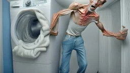 very skinny man struggling to move dryer