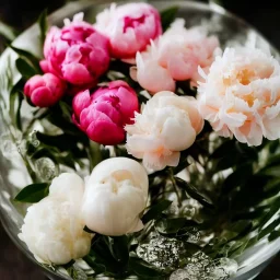 Cinematic shot of peonies inside a glass bowl, glass, crystal, linen, dewdrops, warm lighting, luxurious, terrarium