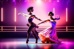 very beautiful a ballet male and female dancers couple in very pretty clothing dancing ,hyper realistic ,disco lights,very luxury dance stage ,with nice light sources and devices in stage, close up,full body show