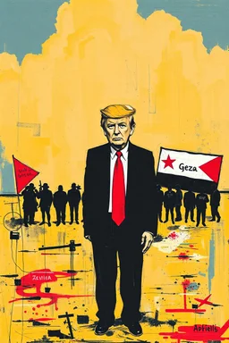 trump standing in gaza in the style of basqiat