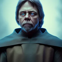 upper body photorealistic jedi mark hamill in Star Wars, sharp blue eyes, photorealistic weathered skin, dark jedi robe, cinematic lighting, intricate