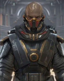 star wars bald male corellian pilot wearing pearlescent black and gunmetal grey First Order special forces heavy assault armor with gold and metallic red trim inside the jedi temple, centered portrait, hyperdetailed, dynamic lighting, hyperdetailed background, 8k resolution, volumetric lighting, light skin, fully symmetric details