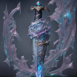 Upscale A Zweihander, the blade is made up of glimmering ice, it's hilt is crafted from swirling vines, leading to a vibrant rose crystal at the pommel, with a black background behind it. HD