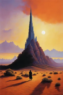 the Dark Tower seen across a hot desert. painted by Michael whelan