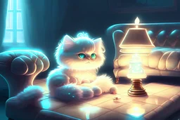 cute chibi fluffy beige bioluminescent cat playing chess sitting on a sofa next to a glowing tiffany lamp in a modern room