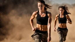 beautiful slender caucasian female technician, black tank top, angry, running, well toned muscles, weathered face, scratched sand camo metal details, short brunette wavy bob haircut, dystopian, desert scene with smoke and explosions,