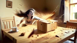 wooden table with invisible tabletop while woman starts frantically tearing through the box all over theo room