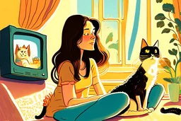 beautiful brunette woman watching tv with a cat, children's book illustration in style of Brigette Barrager, Sven Nordqvist and Nicole Rubel in sunshine