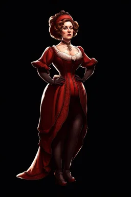 warm but stern aunty victorian era, posh british accent influenced, high born facial features dnd character on a solid black background, full body image, high quality realistic.