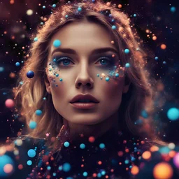 Beautiful amazing phantastic woman world fashion supermodel Hollywood superstar, retro dots, orbs, colorful splash, magic lighting, paint powder explosion, cinematic atmosphere, 8k resolution, molecules structure, atoms under microscope, nature macro, sacred geometry, galaxies, planets, cosmic future, heavenly mood