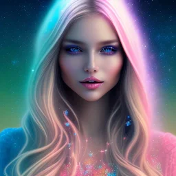 beautiful, soft, big smile face, whole head, long straight blonde hair blues eyes, crown on the head, clothing in transparent bluish and pink veil, background brillante bluish and pink, hight definition, 8K