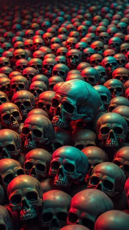 a field of 1000s of cartoonish, anatomically correct, skulls, varying sizes and colors, vivid RANDOM BRIGHT dayglo neon colors, dark comedy, well lit, high detail, photorealistic, horrorcore, fun, scary, dead, not centered on any one skull, macro not microncc 1701 enterprise Macabre Rapture End of days Revelation scene, loose brush stroke matte oil painting, sinner apotheosis, By John Lovett and Zdzislaw Beksinski and Phlegm, diagonal composition, unbalanced, photorealistic