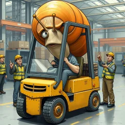 A giant snail in a factory driving around in a forklift, and are in the way for every worker, other angry workers stands around the snail and yell at him, pointing and give him the middle finger