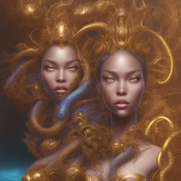 sango fantasy, fantasy magic, intricate, sharp focus, illustration, highly detailed, digital painting, concept art, matte, artgerm and paul lewin and kehinde wiley, masterpiece sexy lips Asian afro lips black African lady body mermaid blue Dragon head golden space lady sea under water mermaid pretty skull