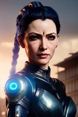 Middle age female Cyborg anime warrior, dark blue grey hair, ponytail hairstyle, orange eyes, waist up portrait, 4k resolution, intricate details, ornate details, soft lighting, vibrant colors, retroanime, masterpiece, intricate eyeliner, dark eyeshadow, futuristic cityscape background