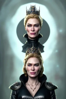 Cersei Lannister as evil queen in black leather coat, busty, cleavage, voluptuous, lena headay, angry, stern look. character design by cory loftis, fenghua zhong, ryohei hase, ismail inceoglu and ruan jia. unreal engine 5, artistic lighting, highly detailed, photorealistic, fantasy