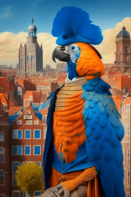 Half parrot half human in a 1700s Orange Dutch uniform next to a Dutch city with blue feathers