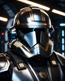 star wars bald male corellian pilot wearing pearlescent black and gunmetal grey First Order special forces heavy assault stealth commando armor and helmet with gold trim inside the jedi temple, hyperdetailed, dynamic lighting, hyperdetailed background, 8k resolution, volumetric lighting, light skin, fully symmetric details