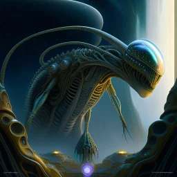 Alien being, scifi, perfect composition, photorealistic, super detailed, 8k, high quality, intricate details, highly detailed, ambient lighting, in the style of H.R. Giger, Boris Vallejo