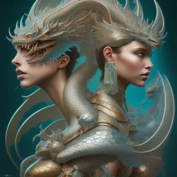 sango fantasy, fantasy magic, intricate, sharp focus, illustration, highly detailed, digital painting, concept art, matte, artgerm and paul lewin and kehinde wiley, masterpiece silver dragon head copper African nice breast Afo woman turquoise waves