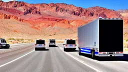 A police Tesla Cybertruck is chasing a Tesla 'Model S Plaid' at top speed, at the 'Lake Mead', in Nevada. CINEMATIC. WIDE ANGLE LENS.