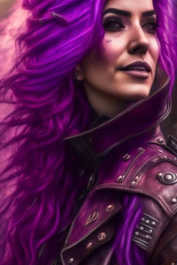 Ultra realistic photo of a steampunk woman ,, wearing leather jacket, long purple and pink hair, , 8k, highest quality,