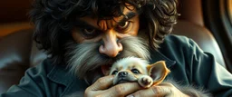 realistic pimp with fluffy hair, doing dog things and eating small dog in the style of fallout 4 and giger and escher