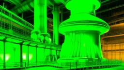 A neon green nuclear plant zone with toxic sludge designed in ancient Greek pottery painted by Antoni Gaudi