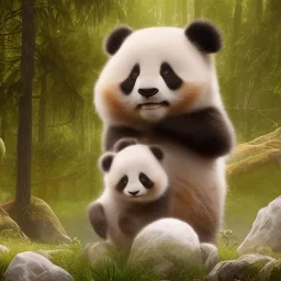 pixar art style of a mega cute baby panda in natural environment, vivid color, full body, by mobeius, au naturel, hyper detailed, digital art, trending on artstation, cinematic lighting, studio quality, smooth render, unreal engine, octane render, art style by klimt and nixeu and ian sprigger and wlop and krenz cushart