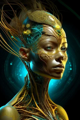 Create a surreal, futuristic portrait of a humanoid woman organic hair figure with a bright, skin surface. The figure’s head and upper body are partially disintegrated, revealing intricate, glowing, organic structures beneath the surface. The inner structures are illuminated with teal and golden hues, resembling bioluminescent veins or energy cores. The figure is in a contemplative pose, with one hand gently touching its chin. The background is minimal and abstract, allowing the focus to remain