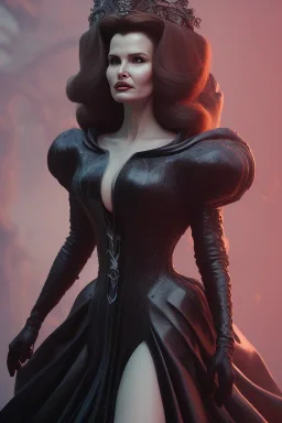 Geena Davis as evil queen in black leather gown, evil, busty, cleavage, curvy, angry, stern look. character design by cory loftis, fenghua zhong, ryohei hase, ismail inceoglu and ruan jia. unreal engine 5, artistic lighting, highly detailed, photorealistic, fantasy