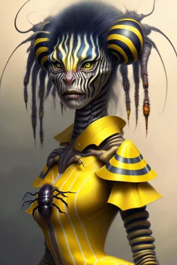 Artist Jean-Baptiste Monge style. A humanoid biomorph Zebra-Spider faced woman. Yellow eyes. A yellow striped ress, covered with spider legs.