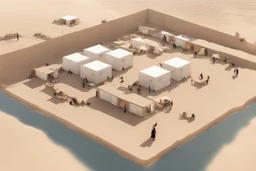 Can you please come up with a design concept for a refugee camp that houses displaces Palestinians that is Meaningful, resilient, self sufficient, safe and takes into consideration Palestinians culture and religious beliefs in the dessert using shipping containers as a base for the buildings