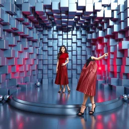 make a picture pretty stage made of metallic blue-gray teme 3d recursive cubic and sphere base structures and a beautiful fashion model lady posing with cute in black and white and the scene is in color,with dark red top and pretty pleated midi skirt ,makeup curvy long hair,dynamic camera zoom to full body and pan, dynamic lights.