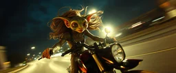 spy movie, fish eye lense, pin hole cam, master oil painting by Rembrandt, good afternoon bitch scary hot seductive high-elf gremlin spray painted female outline, riding sports bike with motion blur and smeared lights in the night, stylistic poster, in the style of total recall, huge bugrat in the background with wind blowing in the hair, high speed, intense eyes