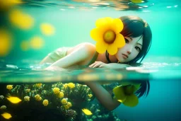 Anime girl underwater with yellow flowers for hair, closed eyes, rtx, reflection, 8k, glow, winning photography, caustics