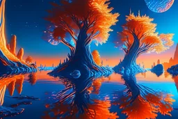 orange and blue crystal cosmic and galactic ambiance sky trees river lake surreal, full of details, smooth, bright sunshine，soft light atmosphere, light effect，vaporwave colorful, concept art, smooth, extremely sharp detail, finely tuned detail, ultra high definition, 8 k, unreal engine 5, ultra sharp focus