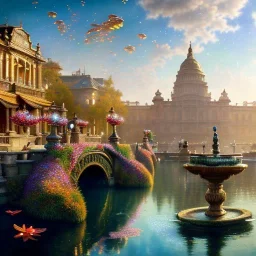 Hyperdetailed oil on canvas, young robyn lively sits by the ornate fountain, goldfish pond, lotus, detailed face, long red curly hair; by gaspar camps, maxfield parrish, alphonse mucha, cyril rolando, dan mumford; luminous colorful sparkles, glitter, airbrush, octane render, volumetric lighting, 16k