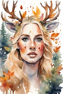 portrait watercolor blonde woman deer, antlers, forest, plants, flowers, rain, autumn, leaves, wind, paint drips, splashes, detailing