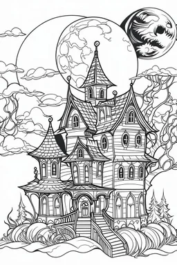 A haunted house with bats flying around and a full moon in the background. Outline, sketch style, only use outline, mandala style, clean line art, white background, no shadows, no clear wall, coloring page.