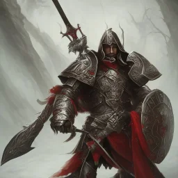 Warrior with an iron shield, black sword, red eyes, long beard