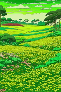 A lime green field filled with flowers painted by Utagawa Hiroshige