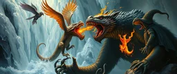 phoenix octopus bird witch bear dragon in icy waterfall looks beyond really powerful slapping a bird in the face with fire, fantasy illustration, in the style of Rembrandt