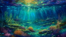 Vibrant hues emerge from aquatic depths, iridescent ripples dance across the surface, as shimmering light illuminates an ethereal underwater world, evoking an sense of enchantment and wonder