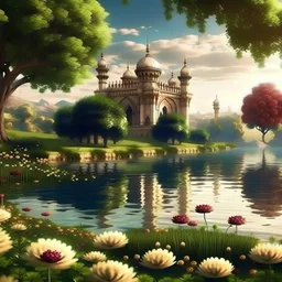 Beautiful Islamic style palace, anemone flowers, trees and river, high definition