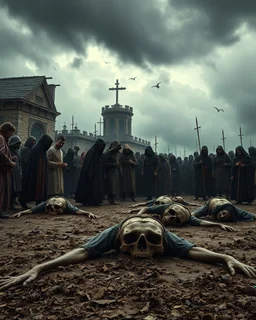 people on the ground dead scared because of the The Black Death was a bubonic plague pandemic dead bodies , great quality picture with cinematic scenes , heavy clouds in the background