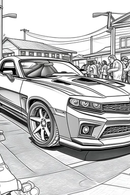 coloring page, A classic Chevrolet Camaro with custom modifications at a car meet-up. alternative parked on the asphalt street, cartoon style, thick lines, few details, no shadows, no colors, centered in the image