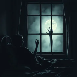 person sits up in a dimly lit bed gazing out the window into a dark, moonless night, where a ghostly apparition of a gaunt Victorian-dressed doll, shrouded in a thick, misty fog, hovers just beyond the panes, its presence eerie and foreboding, a bony, spectral hand beckons with a long, spindly finger, reminiscent of the macabre illustrations of Edward Gorey, imbued with the mystical, dreamlike quality of William Stout's gothic horror style, the atmosphere is heavy with malevolent intent