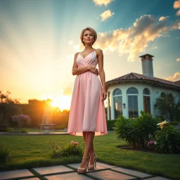 create full body lady ,short hair pretty dress standing pose pretty high heels ,midy dress,standing in front of a beautifull villa garden sun set sky with pretty clouds and godrays